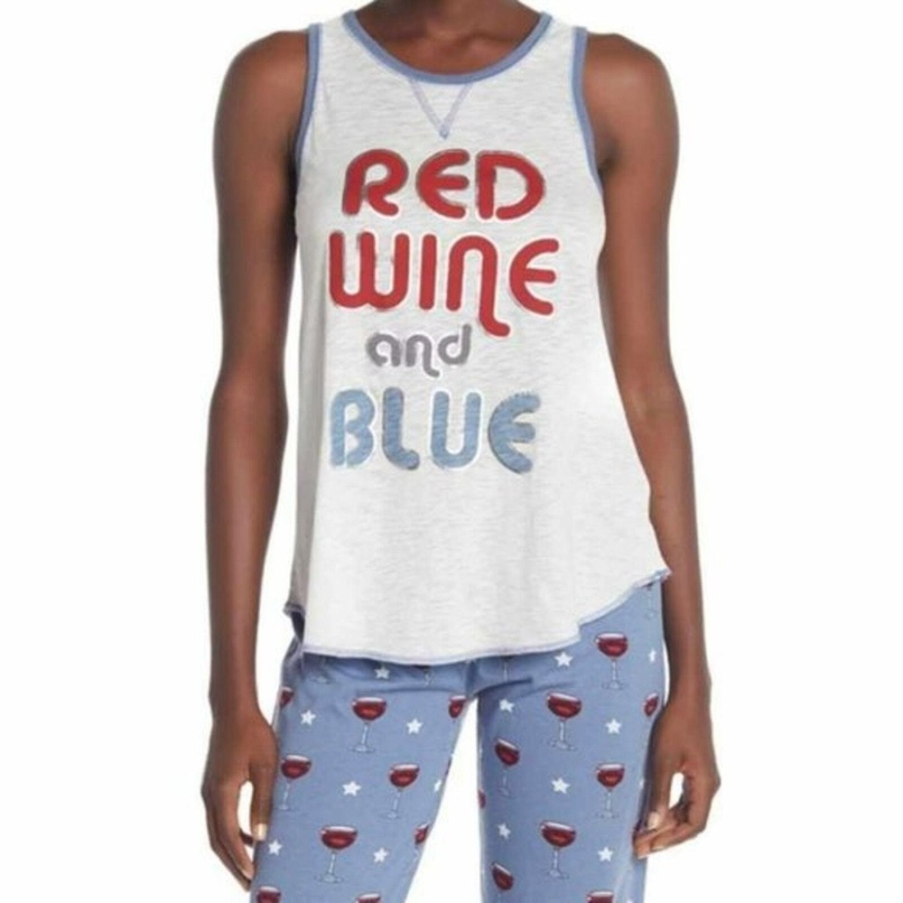 PJ Salvage Tank Top Size L Red Wine Blue Sleeveless Patriotic USA Cutout Back